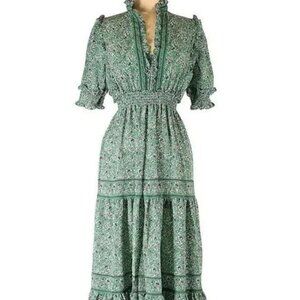 Max Studio Elbow Length Sleeve Print Tiered Maxi Dress ditsy floral Green White